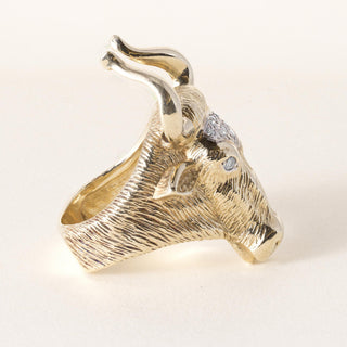 Vintage 14K Yellow Gold Diamond Bull Head with Horns Ring