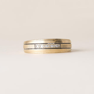 1940s Retro Single Cut Diamond Black Enamel Band 14K Yellow Gold Size 9.75