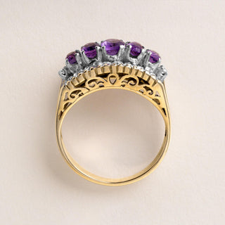 Vintage Oval Amethyst and Diamond Filigree 14K Gold Ring