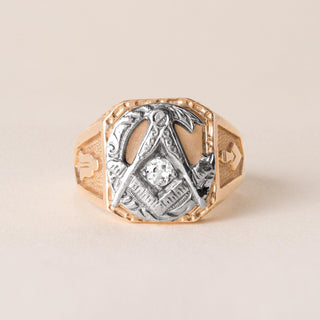 Retro 14K Rose Gold Masonic Old Mine Cut Diamond Signet Ring