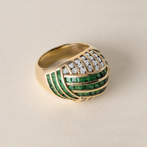1970s 4 Carats Emerald Diamond Channel Set Dome Cocktail Ring 18K Yellow Gold
