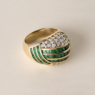 1970s 4 Carats Emerald Diamond Channel Set Dome Cocktail Ring 18K Yellow Gold