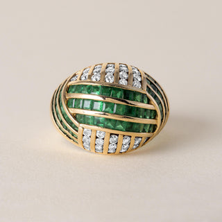 1970s 4 Carats Emerald Diamond Channel Set Dome Cocktail Ring 18K Yellow Gold