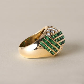 1970s 4 Carats Emerald Diamond Channel Set Dome Cocktail Ring 18K Yellow Gold
