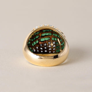 1970s 4 Carats Emerald Diamond Channel Set Dome Cocktail Ring 18K Yellow Gold