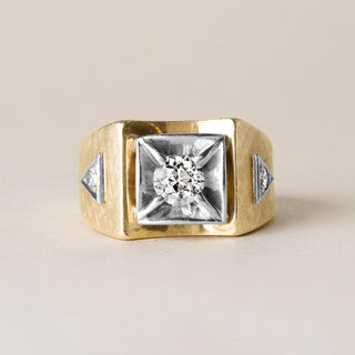 1940s Retro 0.65 Carat Old European Cut Diamond Signet Ring 14K Two Tone Gold
