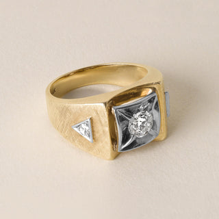 1940s Retro 0.65 Carat Old European Cut Diamond Signet Ring 14K Two Tone Gold
