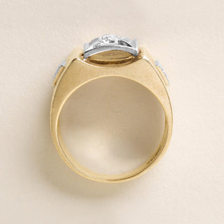 1940s Retro 0.65 Carat Old European Cut Diamond Signet Ring 14K Two Tone Gold