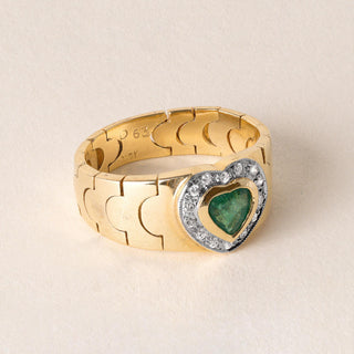 Vintage Heart Shape Emerald Diamond Halo Mesh Chain Gold Ring 18K Yellow Gold