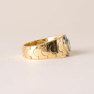 Vintage Heart Shape Emerald Diamond Halo Mesh Chain Gold Ring 18K Yellow Gold