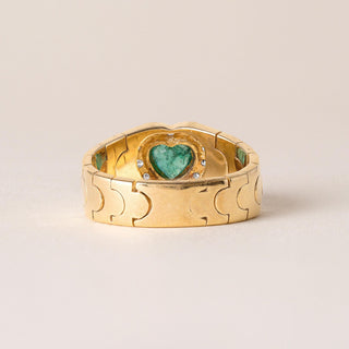 Vintage Heart Shape Emerald Diamond Halo Mesh Chain Gold Ring 18K Yellow Gold