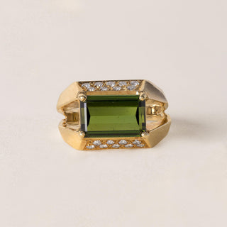 Estate 18K Gold Green Tourmaline Emerald Cut Diamond Pave Modernist Ring