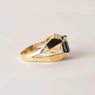 Estate 18K Gold Green Tourmaline Emerald Cut Diamond Pave Modernist Ring