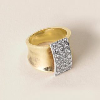 Vintage Diamond Pave Wide Band Modernist Ring 14K Two Tone Gold