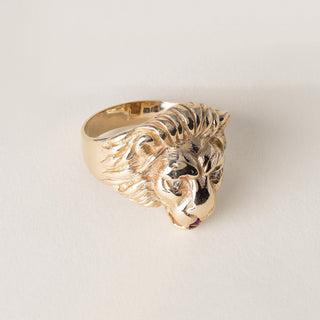 Vintage 14K Gold Lion Head Diamond and Ruby Ring
