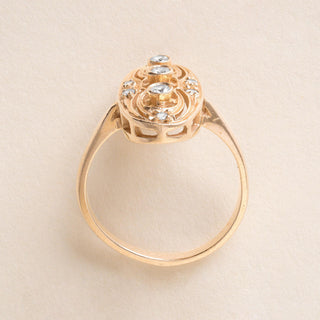 Estate 3 Stone Diamond Elongated Oval Filigree Ring 14K Yellow Gold