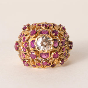 Vintage 21K Gold Ruby and 1.25 Carat Old European Cut Diamond Dome Cocktail Ring