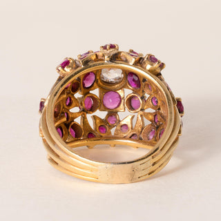 Vintage 21K Gold Ruby and 1.25 Carat Old European Cut Diamond Dome Cocktail Ring