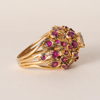 Vintage 21K Gold Ruby and 1.25 Carat Old European Cut Diamond Dome Cocktail Ring