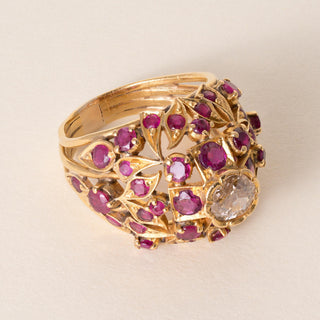 Vintage 21K Gold Ruby and 1.25 Carat Old European Cut Diamond Dome Cocktail Ring