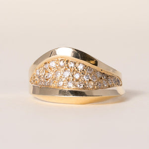 Vintage 14K Gold Pave Diamond Wave Ring Band
