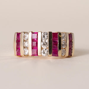 Vintage 14K Gold Ruby and Diamond Channel Set Wide Band Ring