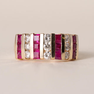 Vintage 14K Gold Ruby and Diamond Channel Set Wide Band Ring