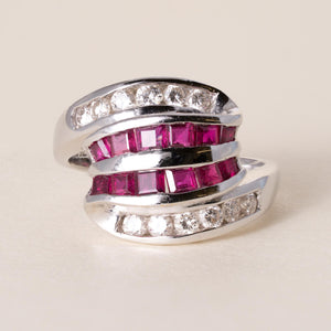 Vintage 18K WG 1 Carat Ruby and Diamond Channel Set Cocktail Ring