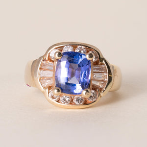 Vintage 14K Gold 1 Carat Tanzanite Cushion and Diamond Cocktail Ring
