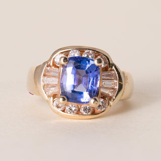 Vintage 14K Gold 1 Carat Tanzanite Cushion and Diamond Cocktail Ring