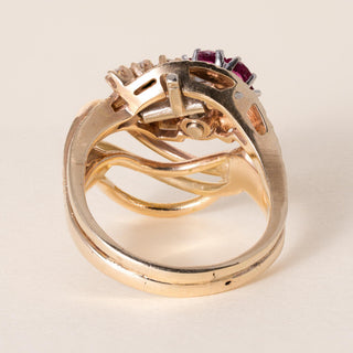 Vintage 13.5K Gold Ruby and Diamond Floral Cocktail Ring