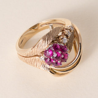 Vintage 13.5K Gold Ruby and Diamond Floral Cocktail Ring