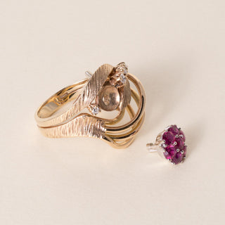 Vintage 13.5K Gold Ruby and Diamond Floral Cocktail Ring