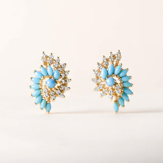 Vintage Turquoise and Diamond Swirl Earring and Pendant Set 14K Yellow Gold