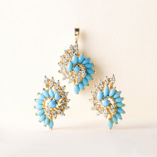 Vintage Turquoise and Diamond Swirl Earring and Pendant Set 14K Yellow Gold