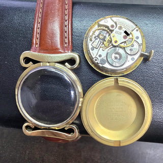 Vintage 50s Longines Scroll Lugs 14K Yellow Gold Black Dial Brown Leather Strap