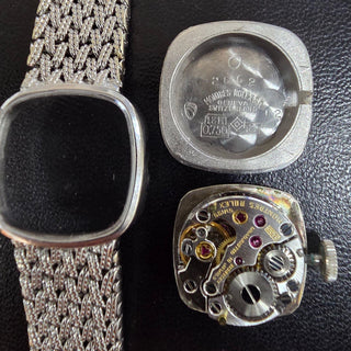 Vintage 1960s 18K Gold Rolex Orchid Cushion Silver Dial Woven Mesh Ladies Watch