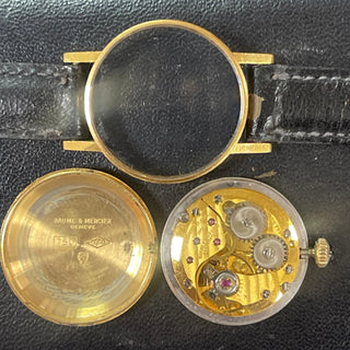 Vintage 18K Gold Baume et Mercier Grey Circle Dial Black Leather Strap Watch