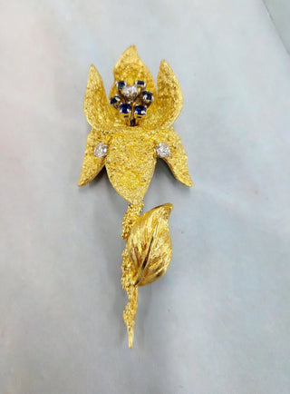 Estate 18K Italy Diamond and Sapphire Flower Brooch