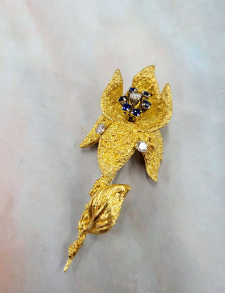 Estate 18K Italy Diamond and Sapphire Flower Brooch