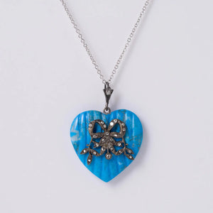 Heart For a Duchess! Antique Turquoise Heart And Rose Cut Diamond Silver Ribbon Pendant