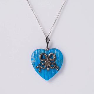 Heart For a Duchess! Antique Turquoise Heart And Rose Cut Diamond Silver Ribbon Pendant