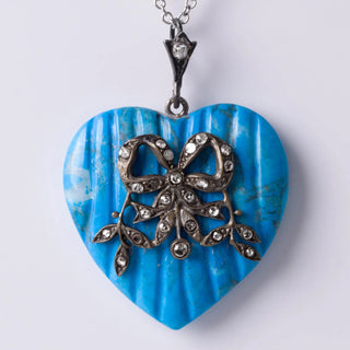 Heart For a Duchess! Antique Turquoise Heart And Rose Cut Diamond Silver Ribbon Pendant
