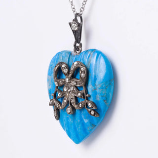 Heart For a Duchess! Antique Turquoise Heart And Rose Cut Diamond Silver Ribbon Pendant
