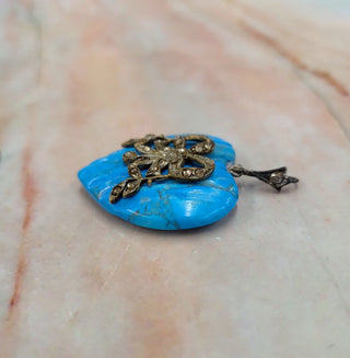 Heart For a Duchess! Antique Turquoise Heart And Rose Cut Diamond Silver Ribbon Pendant