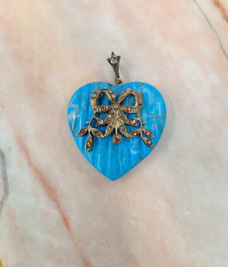 Heart For a Duchess! Antique Turquoise Heart And Rose Cut Diamond Silver Ribbon Pendant