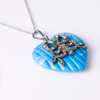 Heart For a Duchess! Antique Turquoise Heart And Rose Cut Diamond Silver Ribbon Pendant