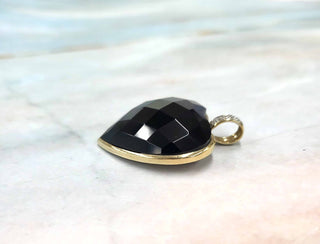 10K Gold Bezel Set Black Faceted Stone Heart And Diamond Pendant