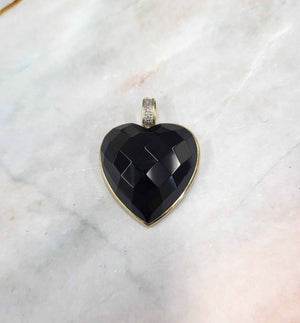 10K Gold Bezel Set Black Faceted Stone Heart And Diamond Pendant