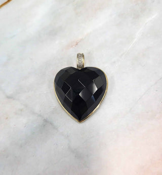 10K Gold Bezel Set Black Faceted Stone Heart And Diamond Pendant